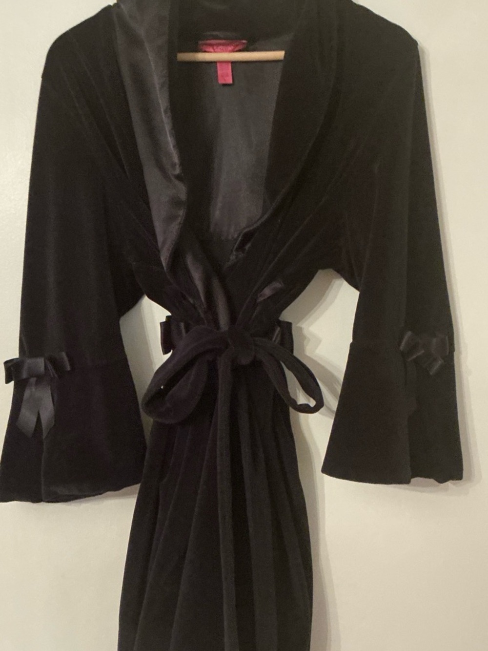 Vintage Betsey Johnson Black Velvet Robe with Satin Trim and Bow Tie